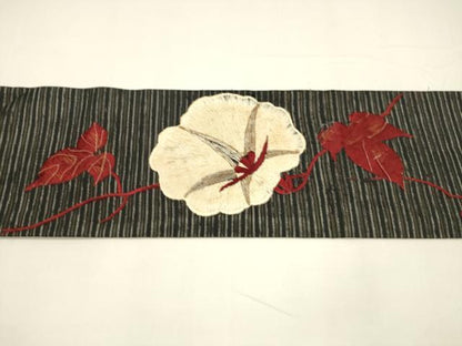 平和屋着物＊夏物 アンティーク 大正ロマン 九寸名古屋帯 駒刺繍 総刺繍 蔦の葉花文 朝顔 黒地 銀糸 正絹 逸品 DAAY8142cm
