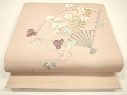 平和屋着物＊夏物　両面　太鼓柄袋帯　駒刺繍　総刺繍　扇面蔦の葉花文　抽象文様　金銀糸　正絹　逸品　DAAY8147cm