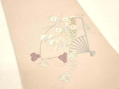 平和屋着物＊夏物　両面　太鼓柄袋帯　駒刺繍　総刺繍　扇面蔦の葉花文　抽象文様　金銀糸　正絹　逸品　DAAY8147cm