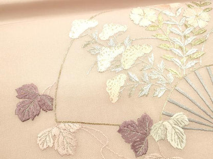 平和屋着物＊夏物　両面　太鼓柄袋帯　駒刺繍　総刺繍　扇面蔦の葉花文　抽象文様　金銀糸　正絹　逸品　DAAY8147cm