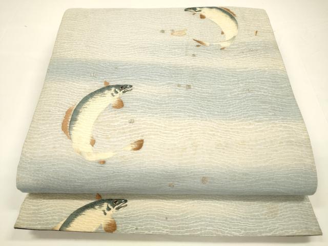 平和屋着物＊夏物 アンティーク 大正ロマン 両面 六通柄袋帯 刺繍 魚 抽象丸文 金銀糸 正絹 逸品 DAAY8178cm