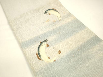 平和屋着物＊夏物 アンティーク 大正ロマン 両面 六通柄袋帯 刺繍 魚 抽象丸文 金銀糸 正絹 逸品 DAAY8178cm