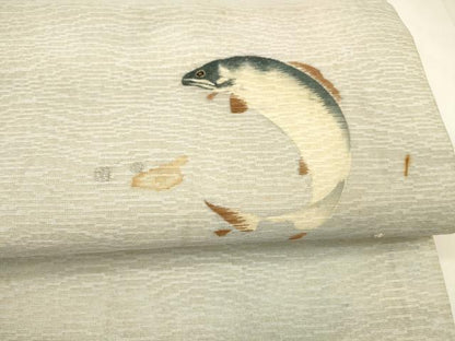 平和屋着物＊夏物 アンティーク 大正ロマン 両面 六通柄袋帯 刺繍 魚 抽象丸文 金銀糸 正絹 逸品 DAAY8178cm