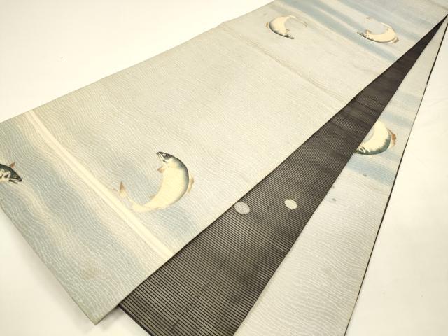 平和屋着物＊夏物 アンティーク 大正ロマン 両面 六通柄袋帯 刺繍 魚 抽象丸文 金銀糸 正絹 逸品 DAAY8178cm