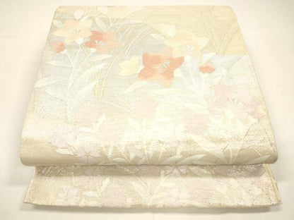 平和屋着物＊夏物 六通柄袋帯 流水草花文 銀糸 正絹 逸品 DAAY8181cm
