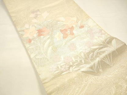 平和屋着物＊夏物 六通柄袋帯 流水草花文 銀糸 正絹 逸品 DAAY8181cm