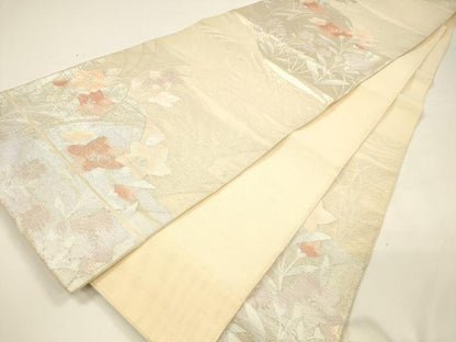 平和屋着物＊夏物 六通柄袋帯 流水草花文 銀糸 正絹 逸品 DAAY8181cm
