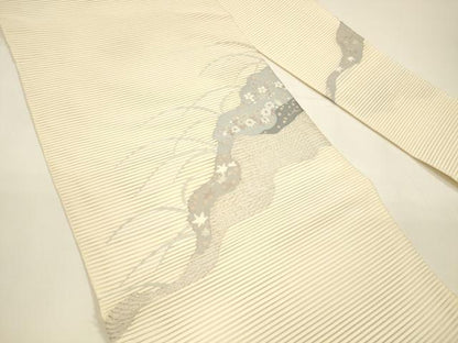 平和屋着物＊夏物 絽綴れ 八寸名古屋帯 流水草花文 銀糸 正絹 逸品 DAAY8183cm