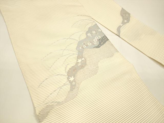 平和屋着物＊夏物 絽綴れ 八寸名古屋帯 流水草花文 銀糸 正絹 逸品 DAAY8183cm