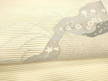 平和屋着物＊夏物 絽綴れ 八寸名古屋帯 流水草花文 銀糸 正絹 逸品 DAAY8183cm