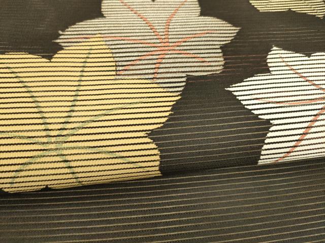 平和屋着物＊夏物 アンティーク 大正ロマン 九寸名古屋帯 舞葉文 黒地 金銀糸 正絹 逸品 DAAY8185cm