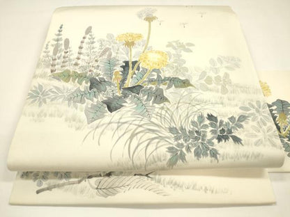 平和屋着物●塩瀬 九寸名古屋帯 作家物 手描き 草花文 たんぽぽ 正絹 逸品 DAAY8195cm