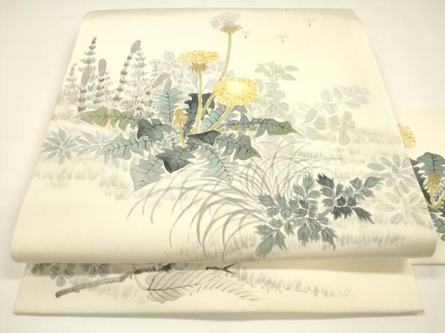 平和屋着物●塩瀬 九寸名古屋帯 作家物 手描き 草花文 たんぽぽ 正絹 逸品 DAAY8195cm