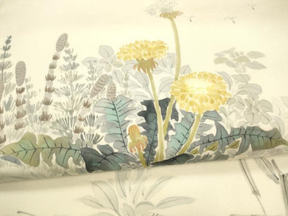 平和屋着物●塩瀬 九寸名古屋帯 作家物 手描き 草花文 たんぽぽ 正絹 逸品 DAAY8195cm