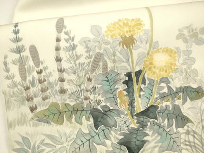 平和屋着物●塩瀬 九寸名古屋帯 作家物 手描き 草花文 たんぽぽ 正絹 逸品 DAAY8195cm
