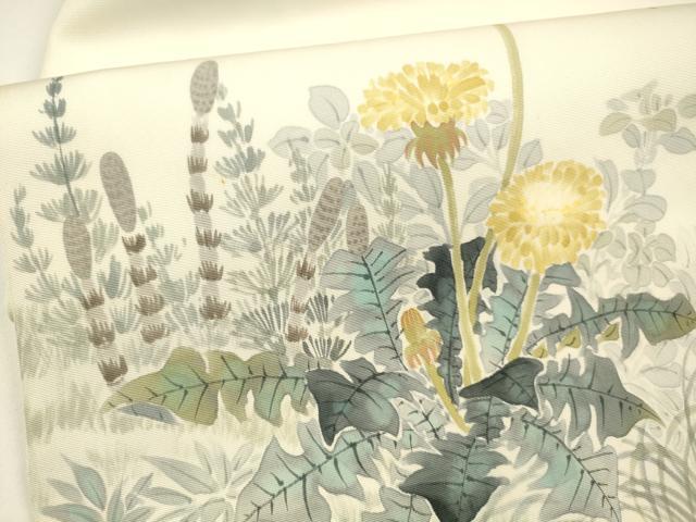 平和屋着物●塩瀬 九寸名古屋帯 作家物 手描き 草花文 たんぽぽ 正絹 逸品 DAAY8195cm
