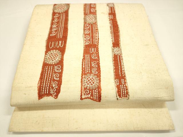 平和屋着物●九寸開き名古屋帯　生紬　総刺繍　刺し子　花間道　正絹　逸品　DAAY8196cm