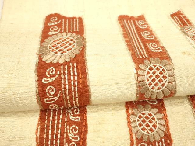 平和屋着物●九寸開き名古屋帯　生紬　総刺繍　刺し子　花間道　正絹　逸品　DAAY8196cm