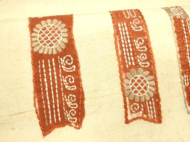 平和屋着物●九寸開き名古屋帯　生紬　総刺繍　刺し子　花間道　正絹　逸品　DAAY8196cm