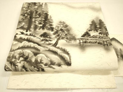 平和屋着物●九寸名古屋帯　髭紬　作家物　手描き　遠山風景文　正絹　逸品　DAAY8217cm
