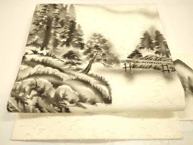 平和屋着物●九寸名古屋帯　髭紬　作家物　手描き　遠山風景文　正絹　逸品　DAAY8217cm