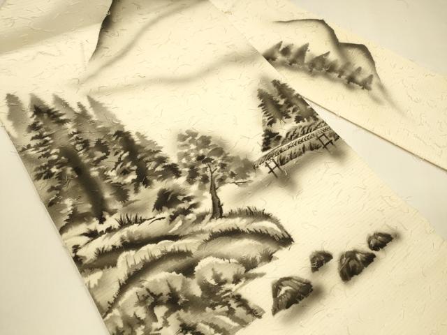 平和屋着物●九寸名古屋帯　髭紬　作家物　手描き　遠山風景文　正絹　逸品　DAAY8217cm