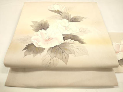 平和屋着物●内山晴祥 手描き 塩瀬 九寸名古屋帯 紬地 草花文 金彩 正絹 逸品 DAAY8234cm