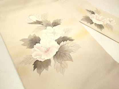 平和屋着物●内山晴祥 手描き 塩瀬 九寸名古屋帯 紬地 草花文 金彩 正絹 逸品 DAAY8234cm