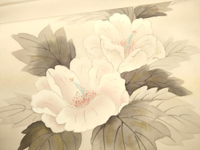 平和屋着物●内山晴祥 手描き 塩瀬 九寸名古屋帯 紬地 草花文 金彩 正絹 逸品 DAAY8234cm