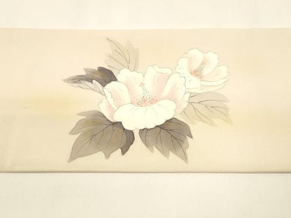 平和屋着物●内山晴祥 手描き 塩瀬 九寸名古屋帯 紬地 草花文 金彩 正絹 逸品 DAAY8234cm