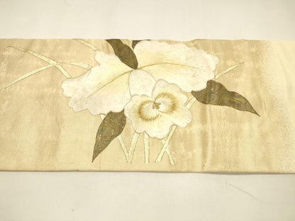平和屋着物●九寸名古屋帯　刺繍　草花文　金銀彩　引箔　正絹　逸品　DAAY8237cm