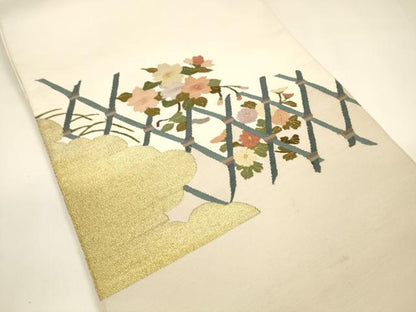 平和屋着物●爪掻き本綴れ　八寸名古屋帯　籬草花文　金糸　正絹　逸品　DAAY8245cm