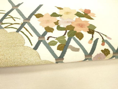平和屋着物●爪掻き本綴れ　八寸名古屋帯　籬草花文　金糸　正絹　逸品　DAAY8245cm