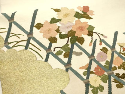 平和屋着物●爪掻き本綴れ　八寸名古屋帯　籬草花文　金糸　正絹　逸品　DAAY8245cm