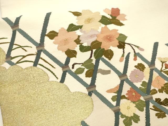 平和屋着物●爪掻き本綴れ　八寸名古屋帯　籬草花文　金糸　正絹　逸品　DAAY8245cm