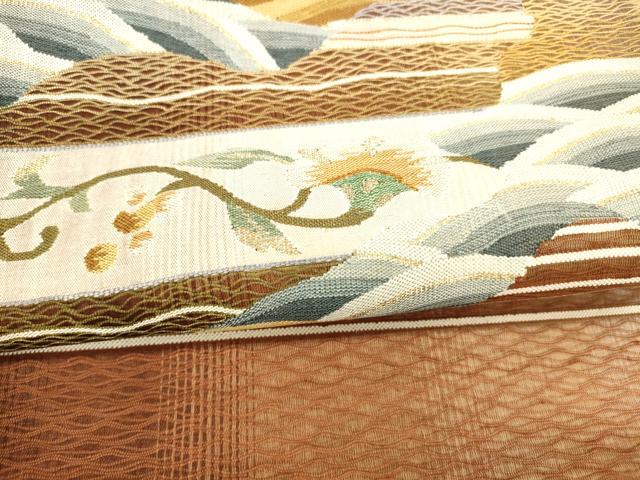 平和屋着物▽太鼓柄袋帯　スリーシーズン　春夏秋　すくい織　流水更紗花文　金糸　正絹　逸品　DAAY8271cm