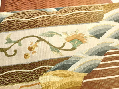 平和屋着物▽太鼓柄袋帯　スリーシーズン　春夏秋　すくい織　流水更紗花文　金糸　正絹　逸品　DAAY8271cm