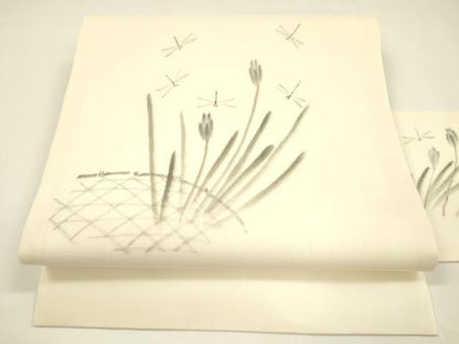 平和屋着物＊夏物 絹芭蕉 九寸名古屋帯 手描き 蜻蛉 トンボ 草花文 正絹 逸品 DAAY8277cm