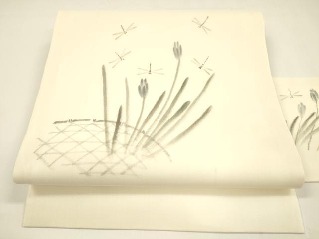 平和屋着物＊夏物 絹芭蕉 九寸名古屋帯 手描き 蜻蛉 トンボ 草花文 正絹 逸品 DAAY8277cm