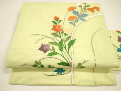 平和屋着物＊夏物　九寸名古屋帯　駒刺繍　総刺繍　草花文　銀糸　正絹　逸品　DAAY8303cm