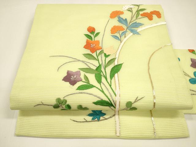 平和屋着物＊夏物　九寸名古屋帯　駒刺繍　総刺繍　草花文　銀糸　正絹　逸品　DAAY8303cm