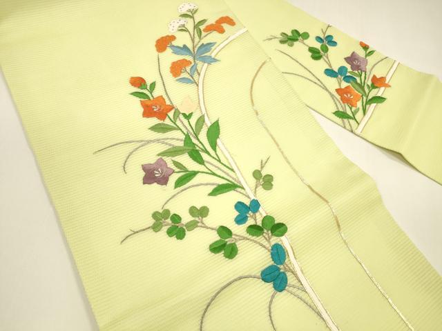 平和屋着物＊夏物　九寸名古屋帯　駒刺繍　総刺繍　草花文　銀糸　正絹　逸品　DAAY8303cm