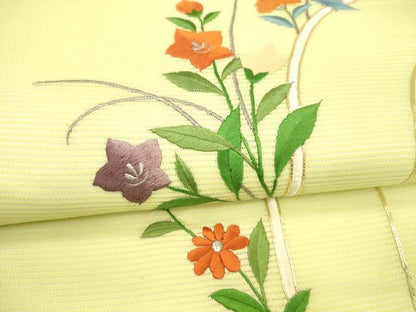 平和屋着物＊夏物　九寸名古屋帯　駒刺繍　総刺繍　草花文　銀糸　正絹　逸品　DAAY8303cm