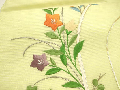 平和屋着物＊夏物　九寸名古屋帯　駒刺繍　総刺繍　草花文　銀糸　正絹　逸品　DAAY8303cm