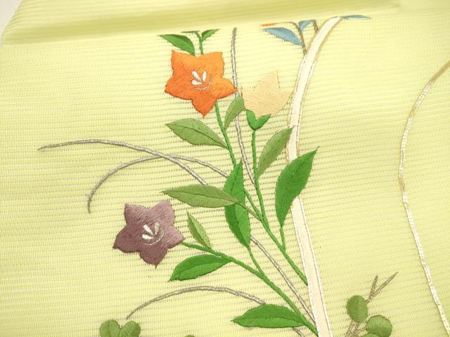 平和屋着物＊夏物　九寸名古屋帯　駒刺繍　総刺繍　草花文　銀糸　正絹　逸品　DAAY8303cm