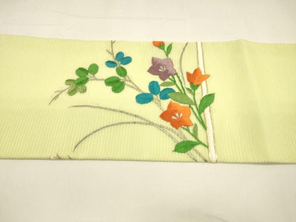 平和屋着物＊夏物　九寸名古屋帯　駒刺繍　総刺繍　草花文　銀糸　正絹　逸品　DAAY8303cm