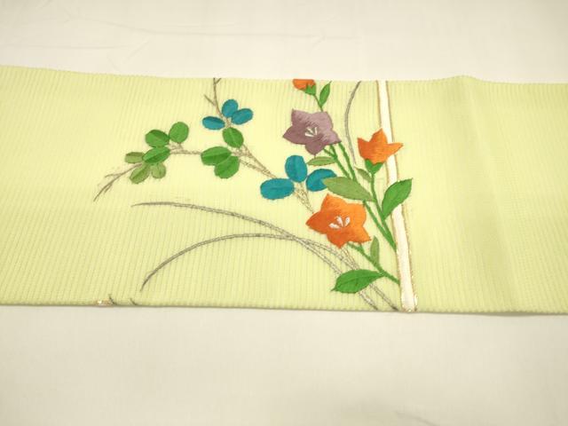 平和屋着物＊夏物　九寸名古屋帯　駒刺繍　総刺繍　草花文　銀糸　正絹　逸品　DAAY8303cm