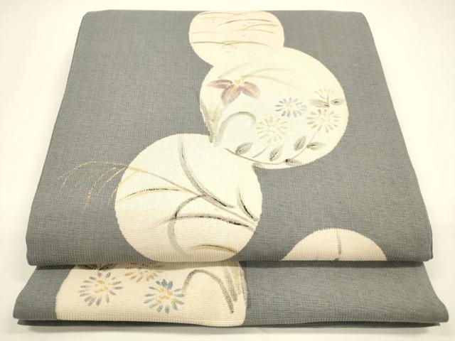 平和屋着物＊夏物 六通柄袋帯 手描き 草花丸文 銀彩 正絹 逸品 DAAY8310cm