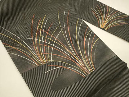 平和屋着物＊夏物 九寸名古屋帯 流水草葉文 黒地 銀糸 正絹 逸品 DAAY8314cm