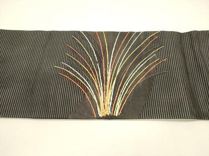 平和屋着物＊夏物 九寸名古屋帯 流水草葉文 黒地 銀糸 正絹 逸品 DAAY8314cm